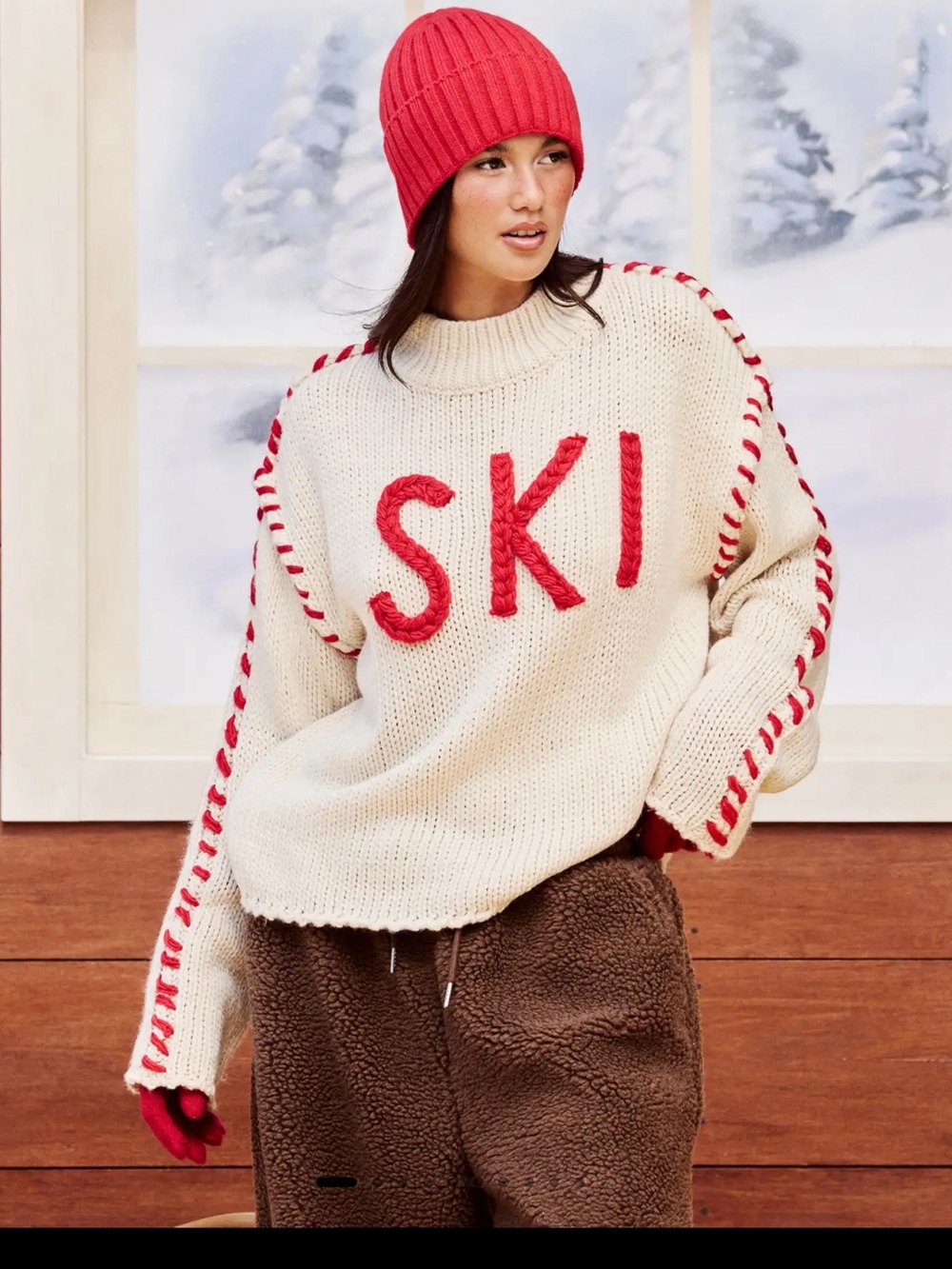 Cream & Red 'SKI' Cable Knit Sweater